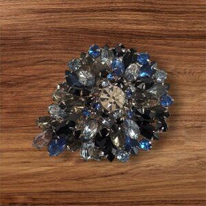 Vintage Domed Rhinestone Brooch Pin Blue & Clear Statement Estate Jewelry 3"‎